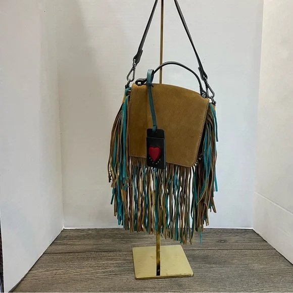 Zara Woman Fringe Suede Crossbody Bag - Tan and Teal. Pre-owned. - Picture 1 of 12
